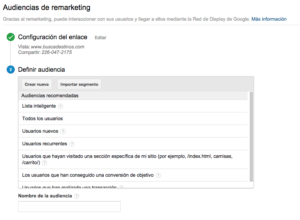 Apartado para crear listas de retargeting en Google Analytics