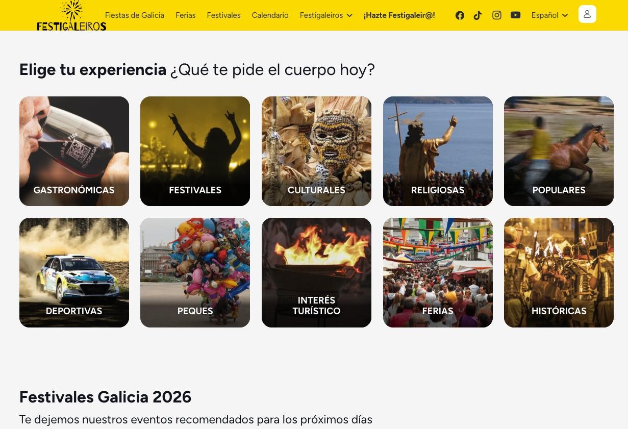 Categorías de fiestas en la home de Festigaleiros